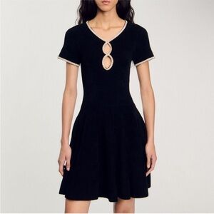 Sandro Black Mini Dress with Double Keyhole and Trim